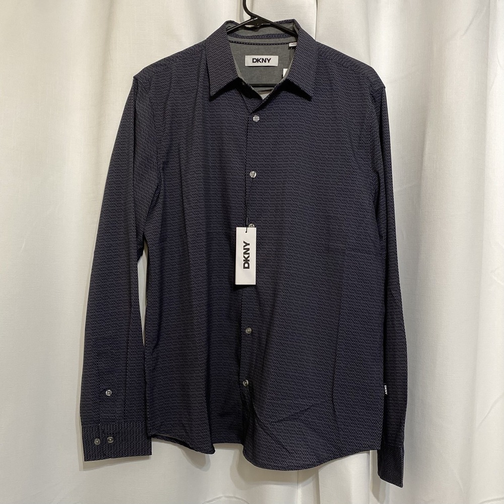 DKNY Dress Shirt Mens Medium Black‎ Long Sleeve Button Up Geometric Design NWT